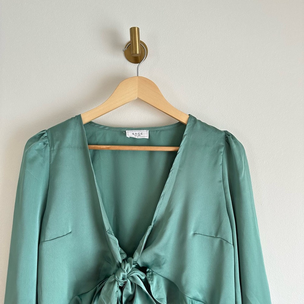SAGE The Label Tie-Front Balloon Sleeve Ruffle Trim Blouse Green S - Picture 3 of 8